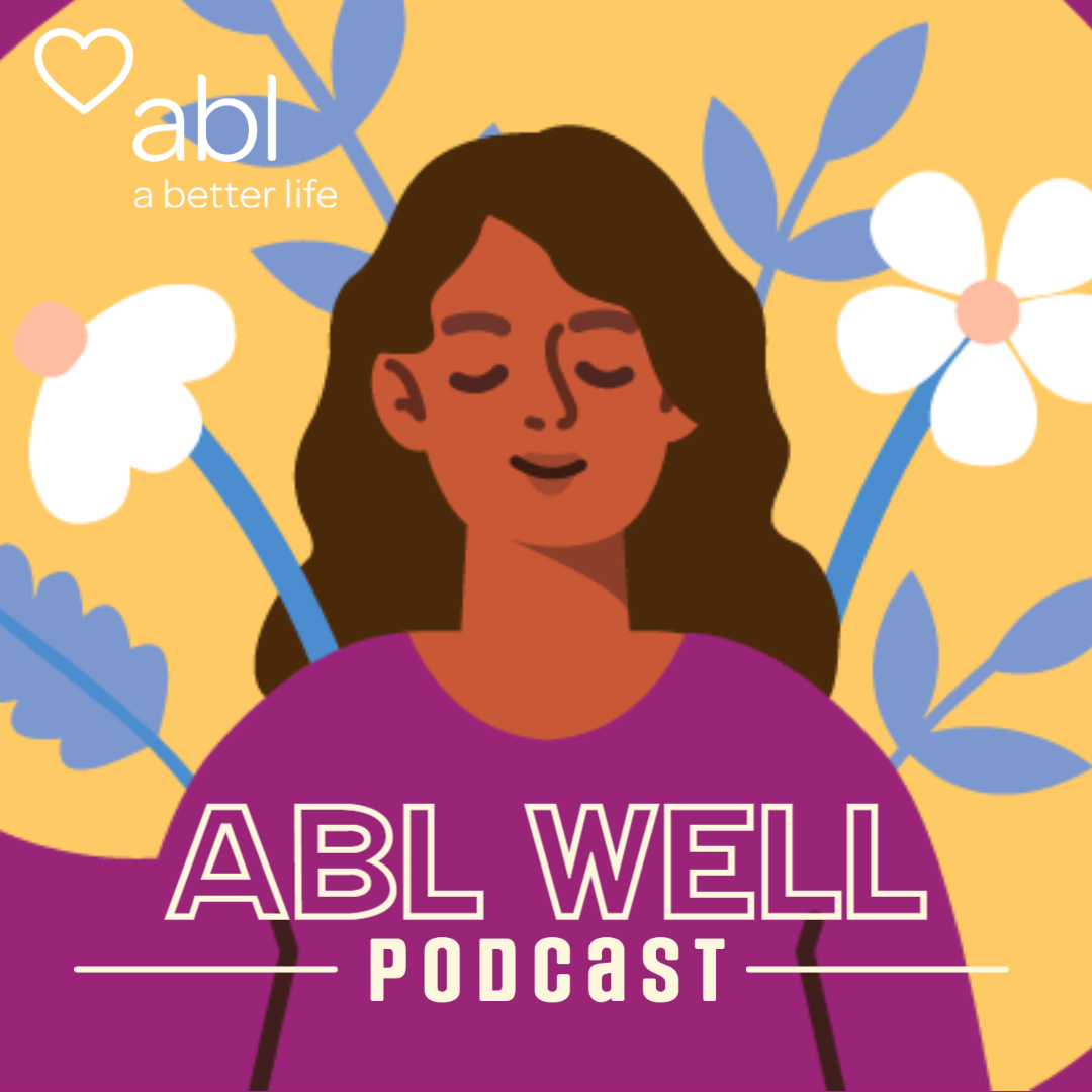 ABL WELL Podcast. Peaceful woman with eyes closed in front of yellow background with white flowers.